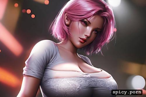 thick body, pink hair, comprehensive cinematic, close up, huge breasts