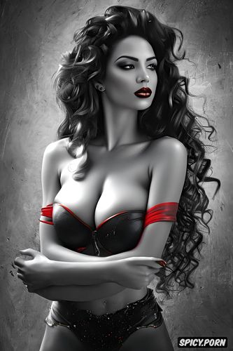 topless, wavy brown hair, perfect body, red colors, black and white