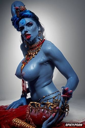 blue skined goddess kali, sucking demon penis, red dick dripping in cum