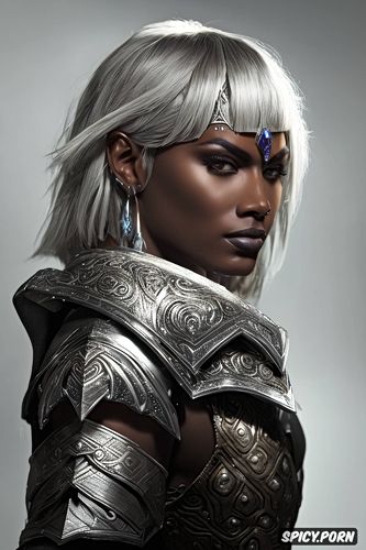 k shot on canon dslr, hawke dragon age beautiful face ebony skin silver hair tattoos