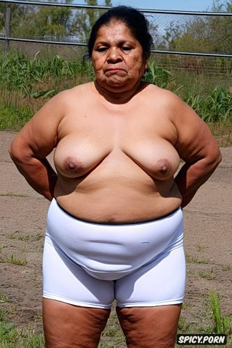 an old fat mexican granny standing, with flabby loose obese belly