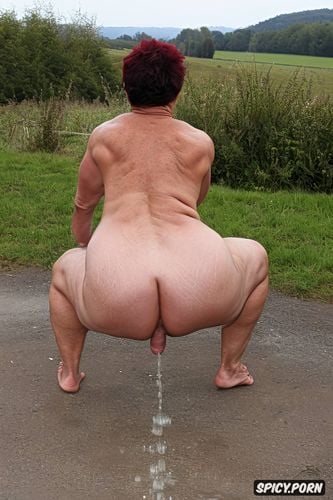 ultra realistic, gorgeous granny chubby muscle lady, completly nude pissing pregnant muscular thighs red pixie haircut
