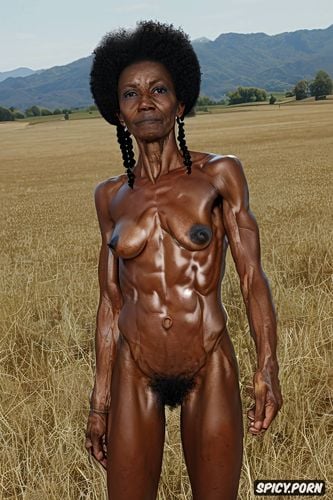 beautiful face, standing in a field with legs apart, 99 year old congolese ebony granny female athlete