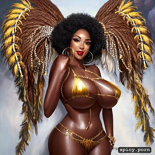 carnaval, perfect face, huge breasts, ebony female, black hair