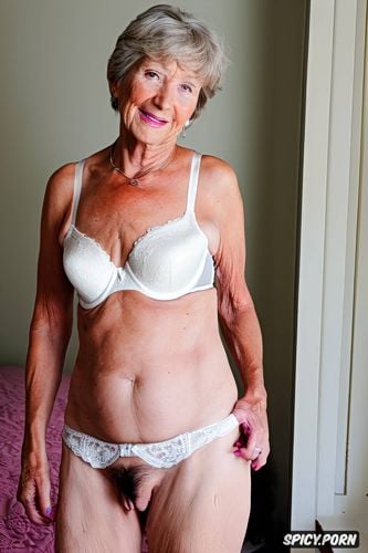 bra and panties, standing, thin seventy year old woman, white pubic hair