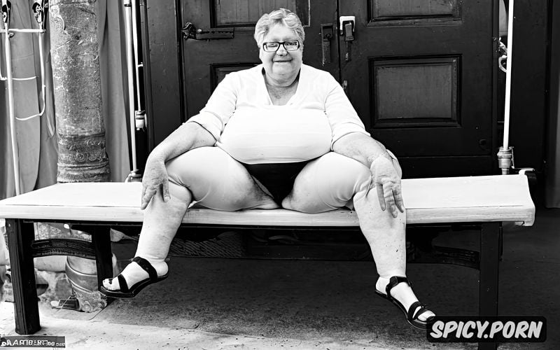 sandals, glasses, poorly dressed, very old ssbbw, spreading legs sitting on a bench in a large church