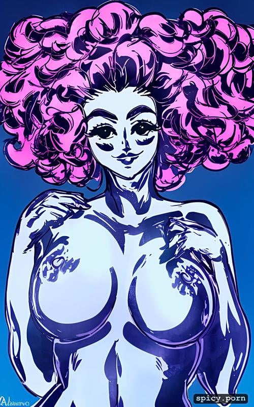 purple curly hair, 25 yo, precise lineart, tiny breasts, portrait