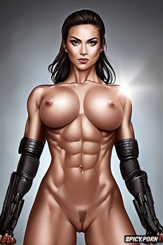 cyborg, smooth pussy, wearing mind control vr headset, muscular arms