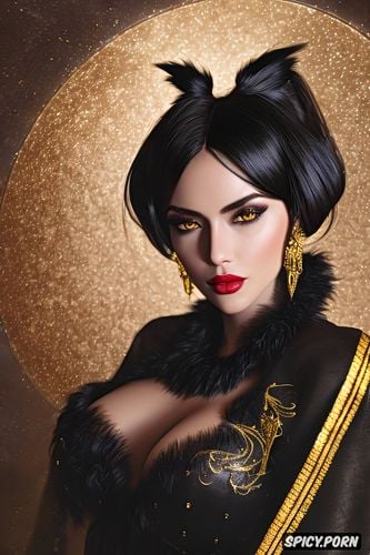 gold eyes, dark magic, tight low cut tattered animal pelt witches robe