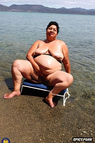 sagging fat belly, sitting on short chair, front view at beach