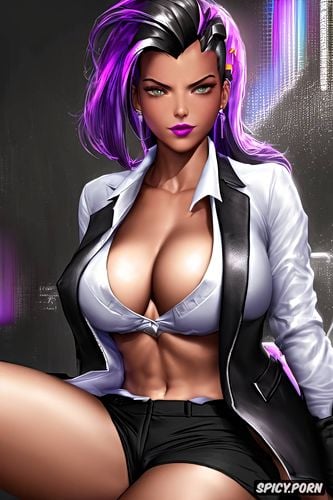 sombra overwatch female president of the united states black blazer white shirt shirt unbuttoned beautiful face full lips milf