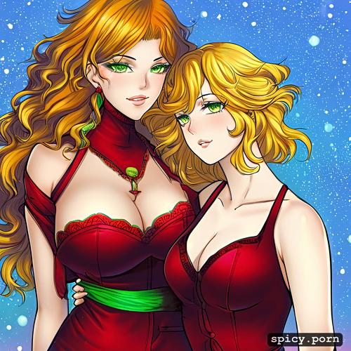 two women, one with curly hair, red hair, yellow hair, green eyes