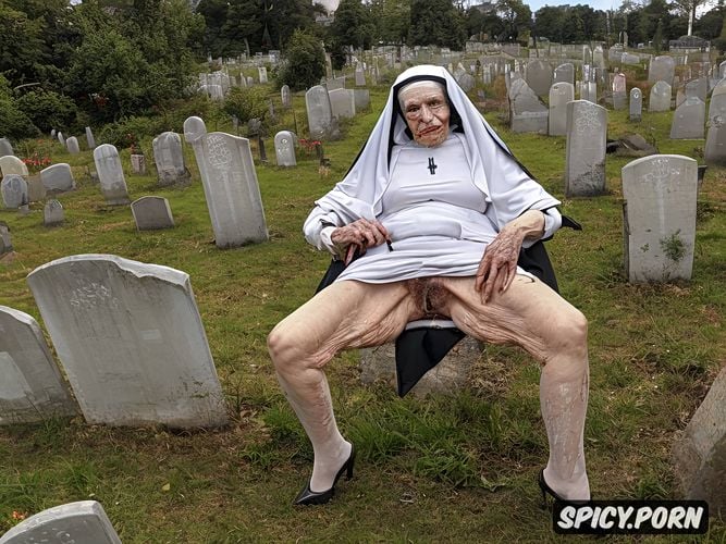 catholic nun, pale, very old granny, cemetery, spreading cellulite legs