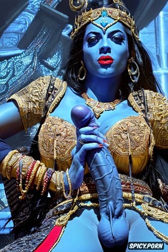 realistic, ultra detailed, red lipstick, mukut on head, generate a dramatic scene of beautiful goddess kali holding her futanari penis