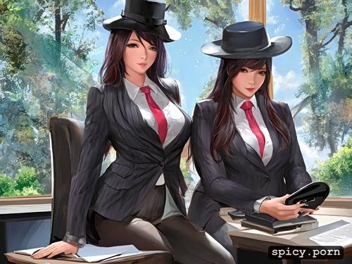 sexy asian business women clothed suits blazers trenchcoats hats heels