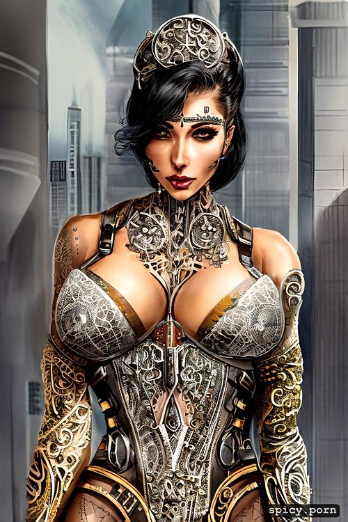 hdr, cyberpunk style, vignette, busty, intricate details, a cute woman made out of metal