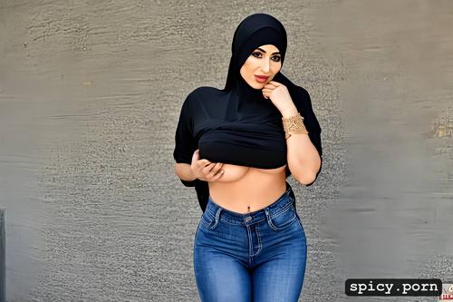 30 yo, standing, wearing high heels, huge natural boobs, wearing black hijab