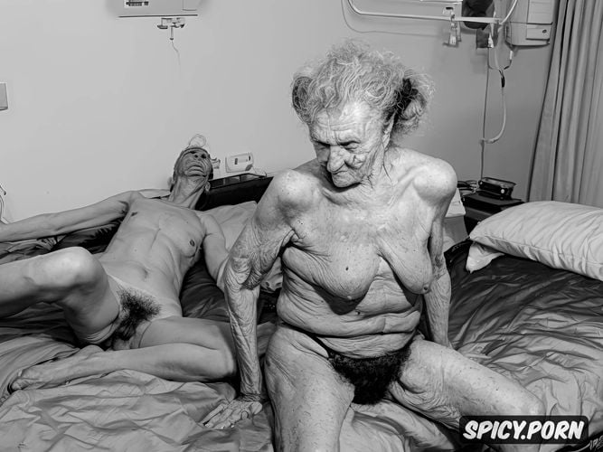 threesome orgy on bed with two very very old grannies, pale