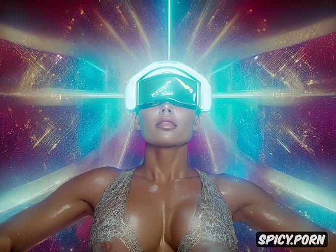 sweaty, athletic body, nude, beautiful woman wearing a mind control vr headset