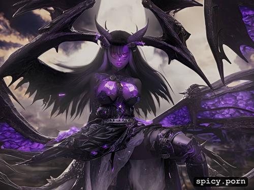 natural boobs, purple hair, mini skirt, black demonic tail, 18 yo