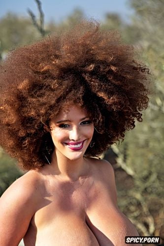 extremely busty, in desert, very long curly hair, very beautiful smiling face