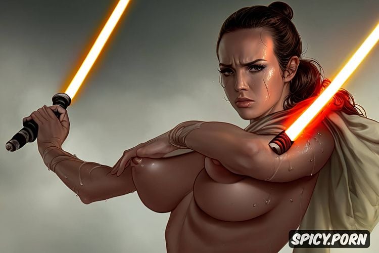 shot from star wars episode, embarrassed shocked blushing angry jedi sith rey skywalker covering her nipples with her hands