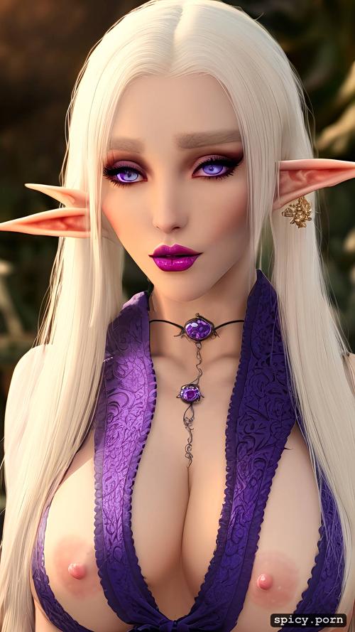 photo realistic, ultra detailed, white eyelashes, purple outfit