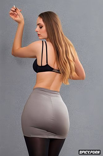 wide hips, wearing black pencil skirt and sports bra, view of back from behind