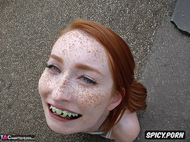 drooling and gagging, incredibly petite young teen with freckles very small body and very small breasts redhead with missing teeth