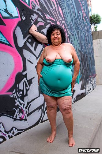 at a long tight alley, she lifts up her dress night gown with her hands to show her belly and pussy