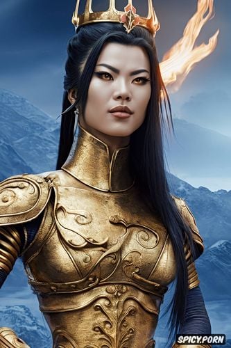 artstation, flame crown, face shot, black hair in an intricate updo