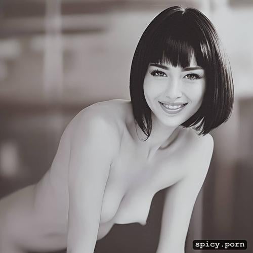 exposed shoulders, blurred close up, bob cut hair, small bust