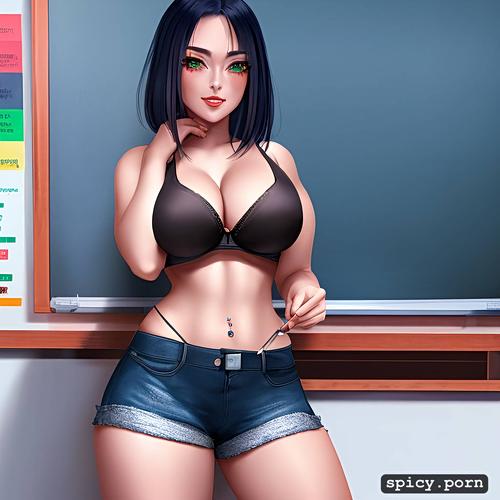 classroom, black hair, piercing, stunning face, brazilian lady