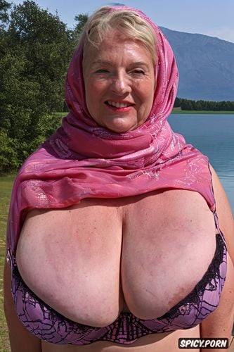 massive sagging breasts, lake, naked, gigantic sagging breasts