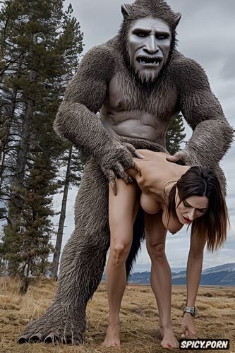 male sasquatch deep humping woman from behind, one on one, intent on effective copulation