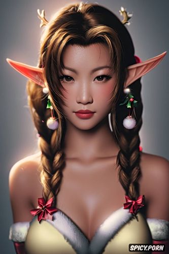 masterpiece, aerith gainsborough final fantasy vii rebirth slutty low cut christmas elf costume soft lights beautiful face asian skin tone portrait