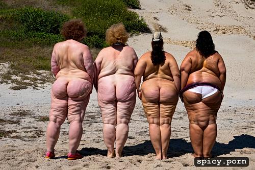 sagging ass, short hair, white nails, curly short hair, four grannies standing at beach