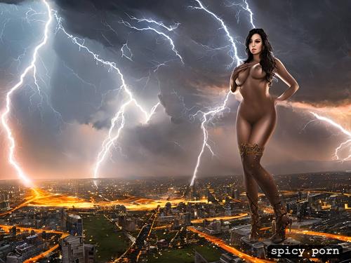 tornadoes destroying a great city, creating a powerful apocalyptic lightningstorm