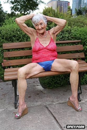 old skinny wrinkled granny in detailed short shorts shows open pussy