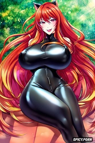 long hair, stunning face, chubby body, black latex catsuit, ahegao face