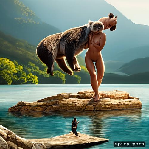 nude woman in lake with laptop while dwarf throws koalas at her