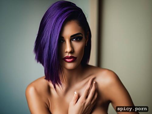 bedroom, purple hair, tall, perfect face, latina woman, close up