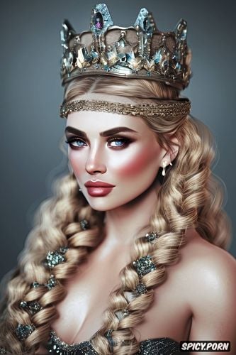 ultra detailed, ultra realistic, 8k shot on canon dslr, fantasy ancient greek queen beautiful face rosey skin long soft ashen blonde hair in a braid diadem full body shot