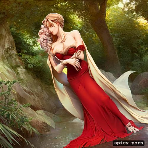 fairy tales, wood, sister, brother, cosplay, animal, red dress