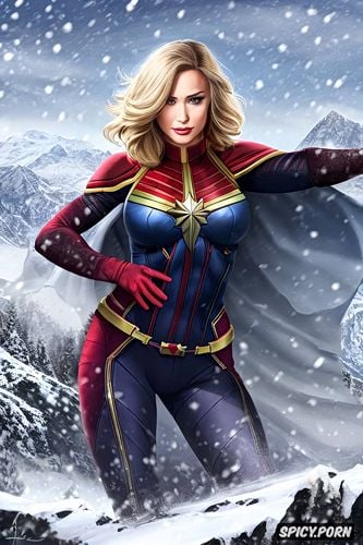 snowy landscape, masterpiece, realistic, captain marvel wearing pelt cloak with tight amor underneath