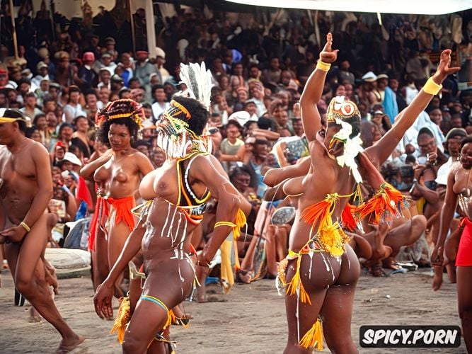 full body photo, africa field, nude women, spectators, crowd