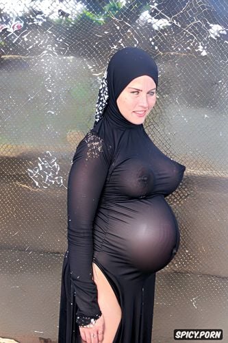 hijab, big pregnant belly, big thighs, fair skin, wearing hijab