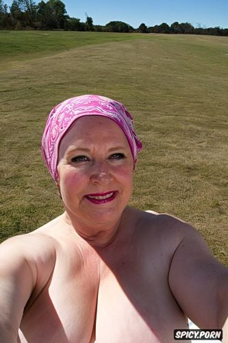 look tits, only pink headscarf, pink lipstick, white breasts