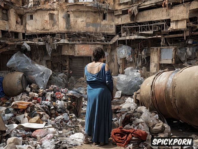 beautiful face, urban waste dump, dressing gown completely open