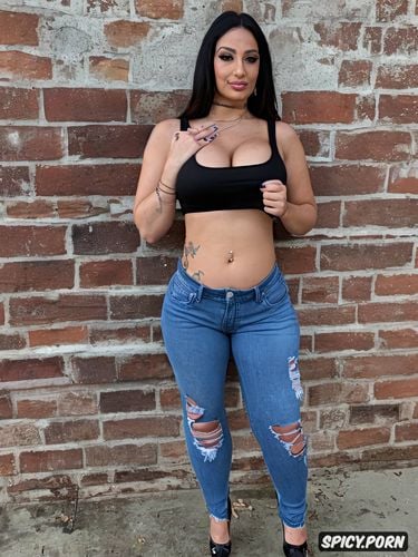 tight worn out jeans, bellybutton showing, standing, ahegao with cum